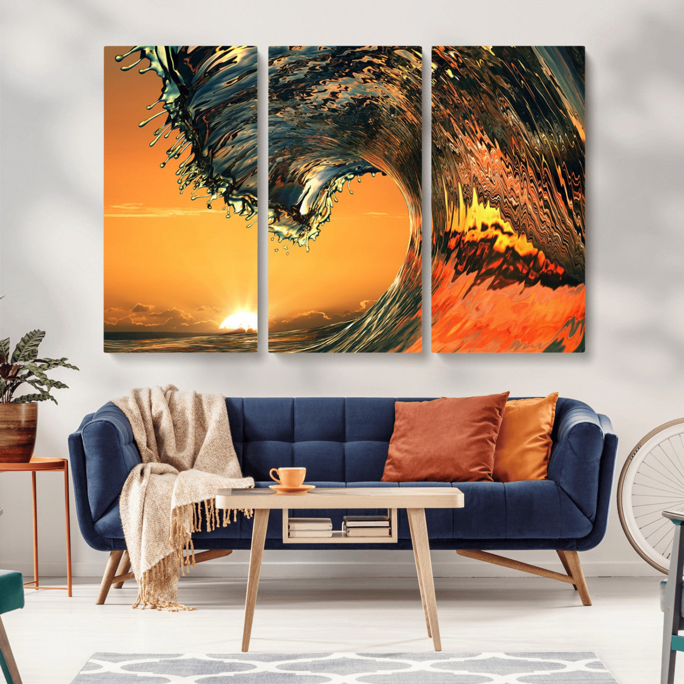-Surf Wave Sunset Canvas Wall Art Print, 3-Panel Ocean Coastal Wall Art Print, Ocean Decor for