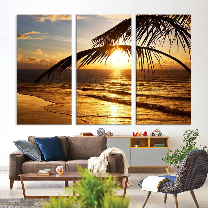 Golden Tropical Beach Sunset Canvas Triptych: Coastal Palm Art & Giclee Print with Gallery Wrap, capturing golden waves.