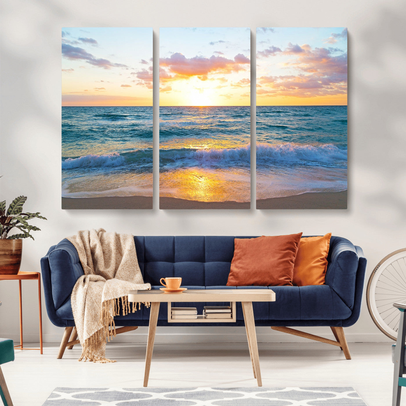 MGV-CV-48X32-3P - Ocean Sunset Triptych Canvas Wall Art, Giclee Beach Sunset Print with Gentle Waves, Coastal Art for Relaxation Spaces