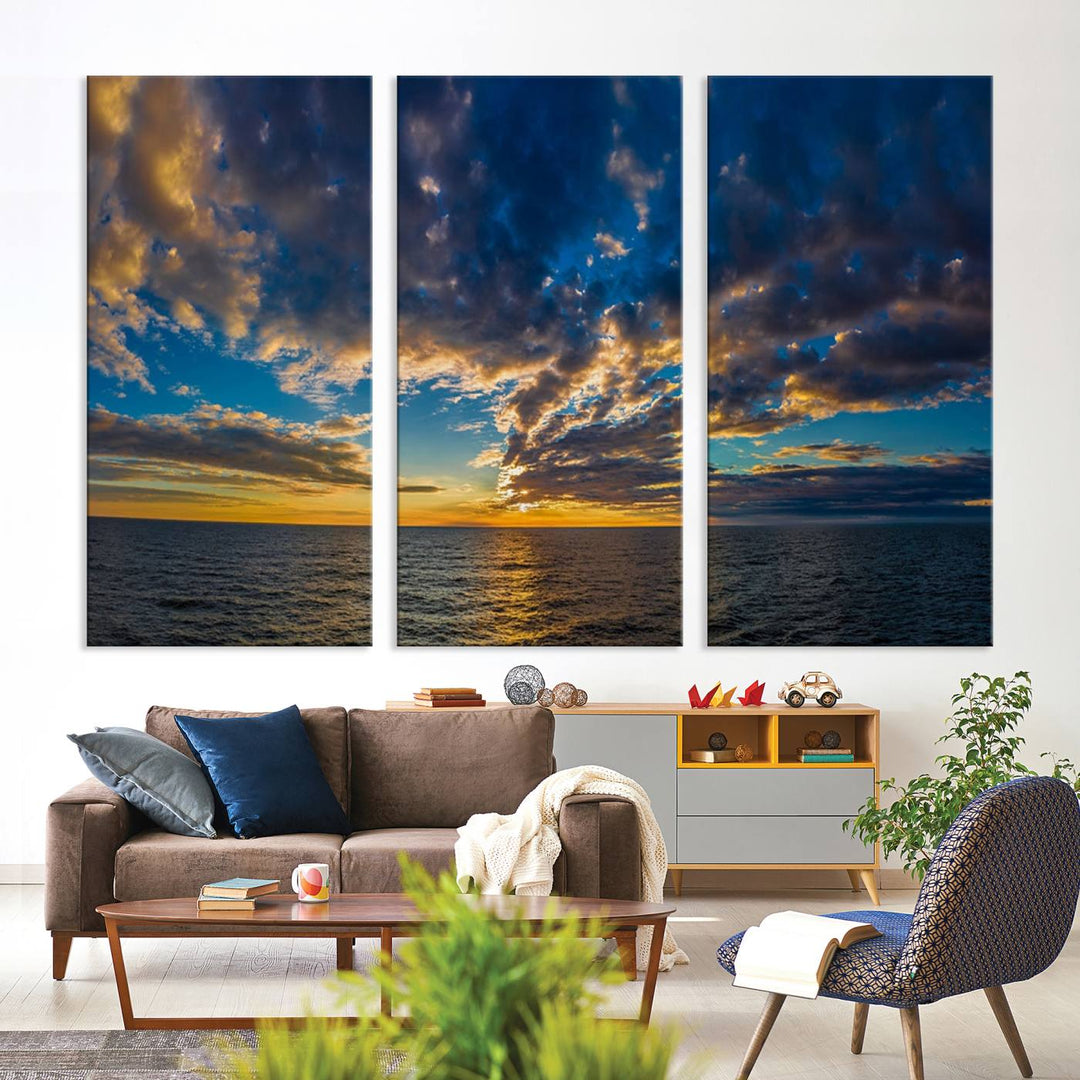 Dramatic Ocean Sunset Canvas Art, Panoramic Seascape Wall Art, Giclee Canvas Print with Canon Quality for Coastal Decor