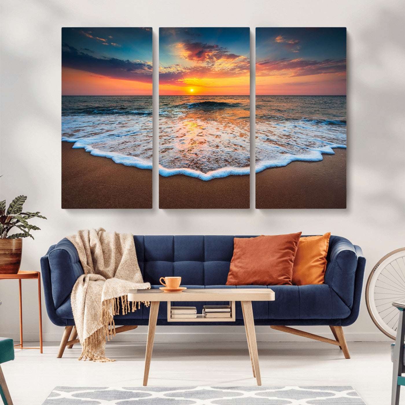 MGV-CV-48X32-3P - Sunset Beach Canvas Wall Art – Colorful Ocean Waves Triptych – Coastal Decor for Living Room or Bedroom – Framed and Ready to Hang