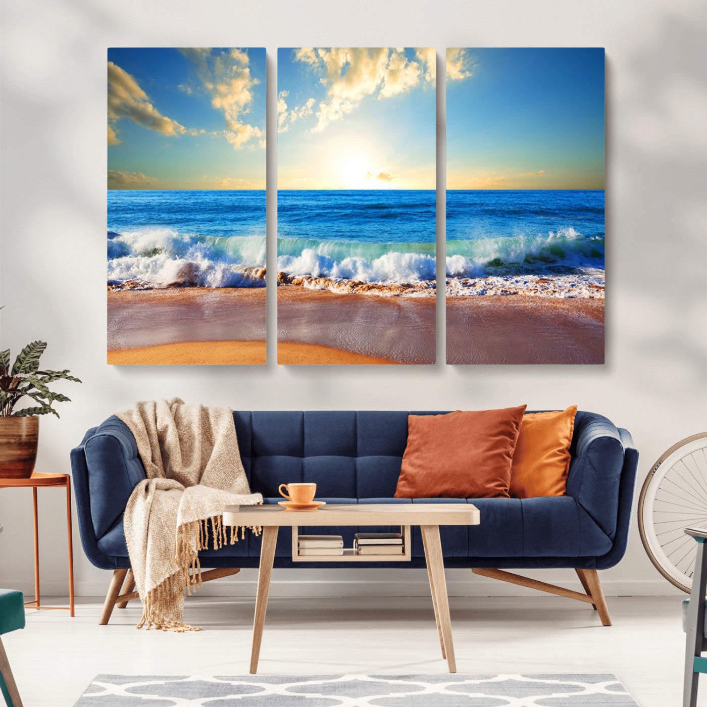 MGV-CV-48X32-3P - Tropical Beach Sunset Canvas Art, Ocean Waves and Sandy Shoreline Wall Art, Large Beach Decor for Coastal Homes