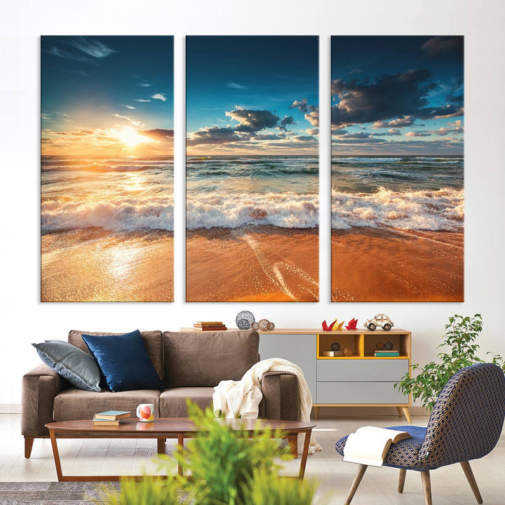 A Golden Sunset Beach Triptych Canvas Art hangs on a white wall.