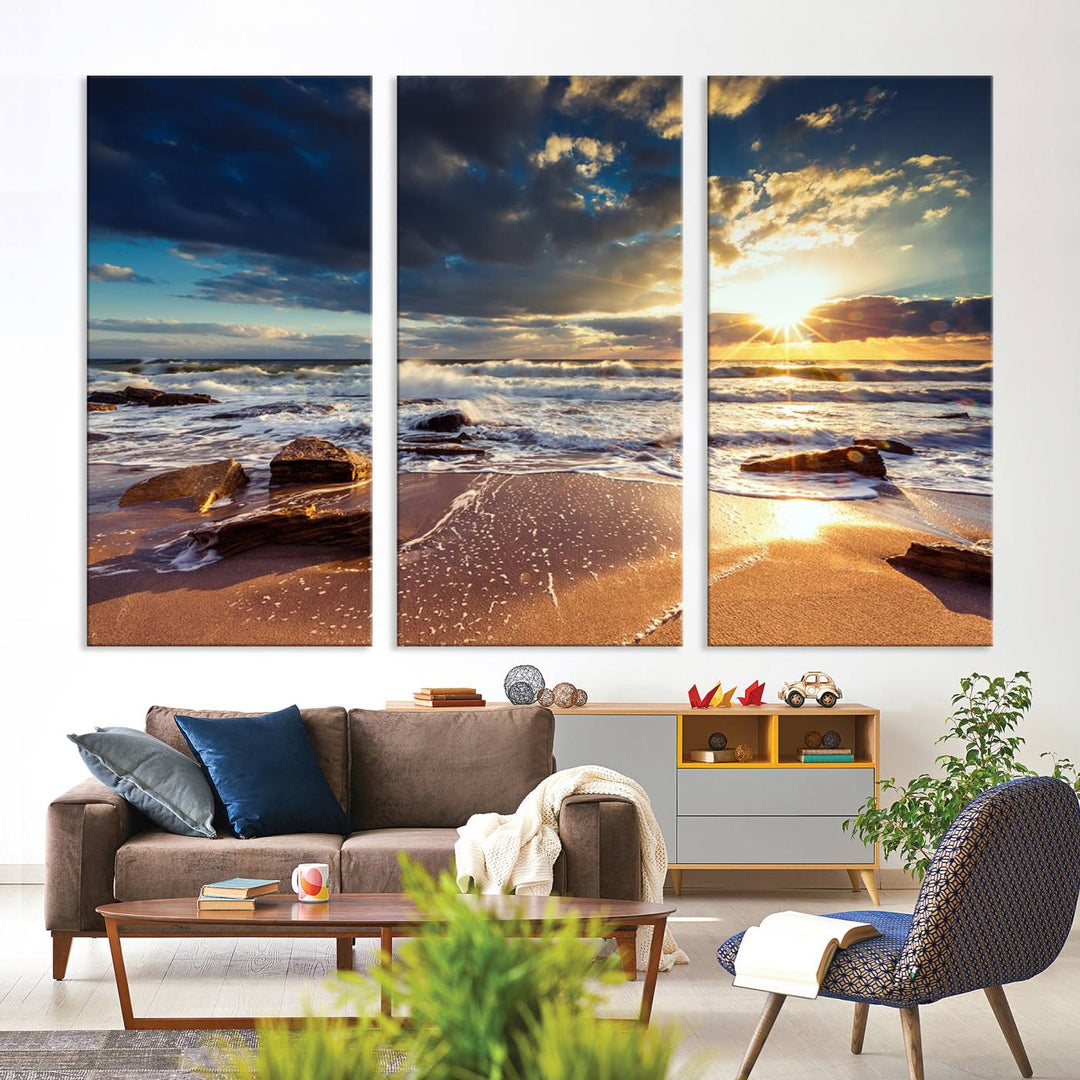 The Golden Hour Beach Sunset triptych adorns the wall with its captivating imagery.