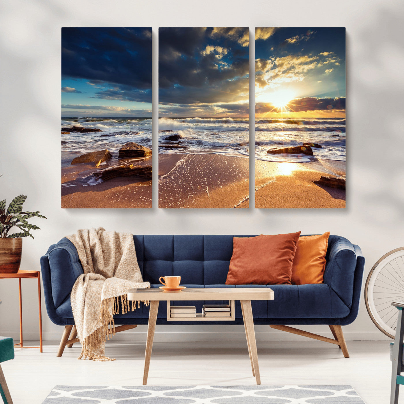 MGV-CV-48X32-3P - Golden Hour Beach Sunset Canvas Triptych, Ocean Waves and Rocks Wall Art for Coastal Home Decor
