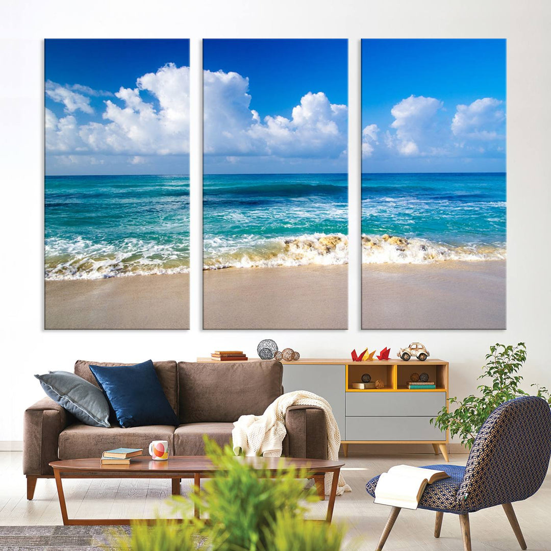 Tropical Beach 3-Panel Canvas Wall Art – Serene Ocean Waves and Blue Sky – Giclée Print for Living Room, Office, or Bedroom Coastal Decor