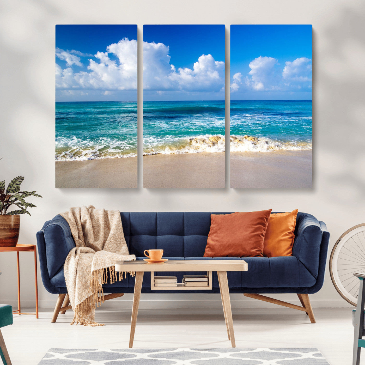 MGV-CV-48X32-3P - Tropical Beach 3-Panel Canvas Wall Art – Serene Ocean Waves and Blue Sky – Giclée Print for Living Room, Office, or Bedroom Coastal Decor