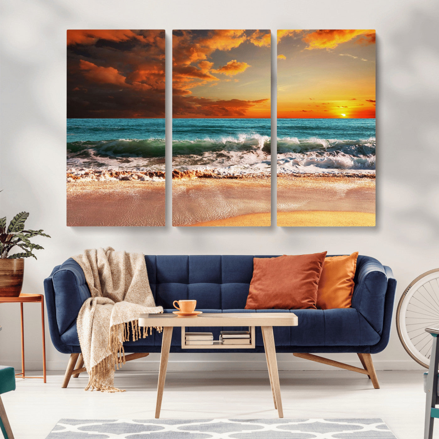 MGV-CV-48X32-3P - Golden Sunset Beach Canvas Wall Art – Triptych Seascape Print – Framed and Ready to Hang for Living Room or Office