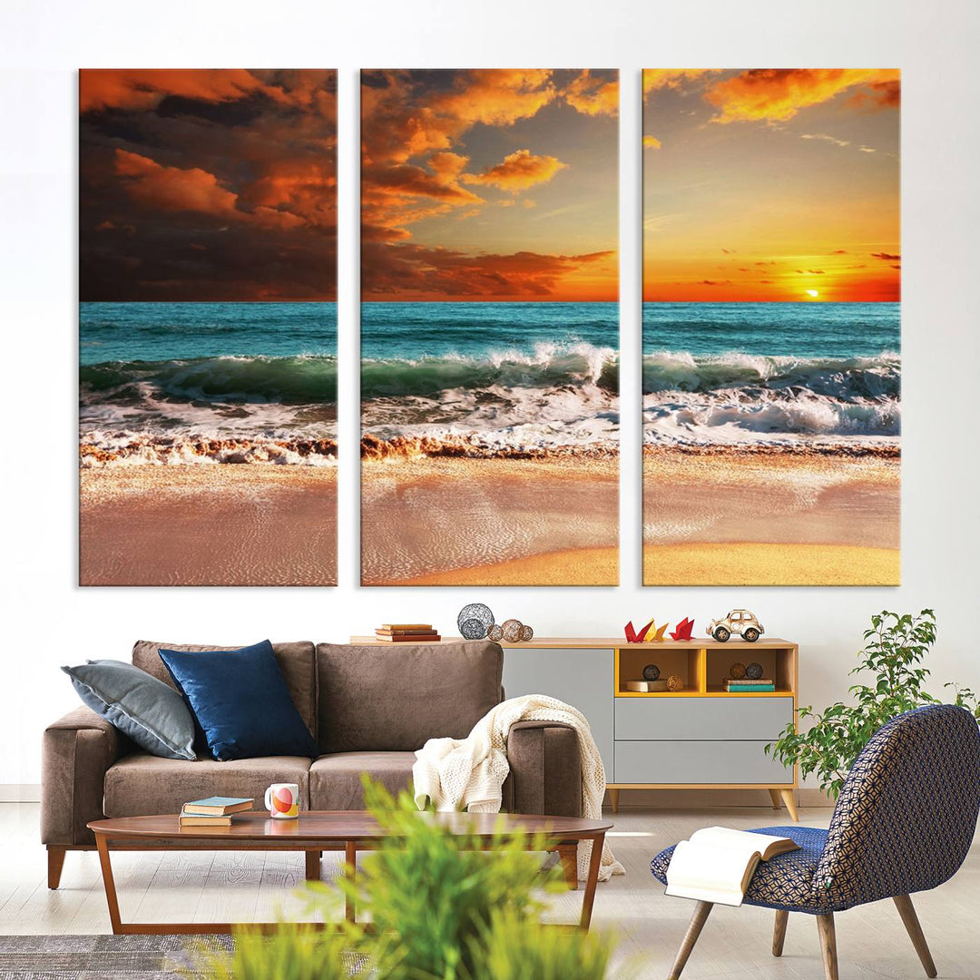 A Golden Sunset Beach triptych seascape canvas hangs on the wall.