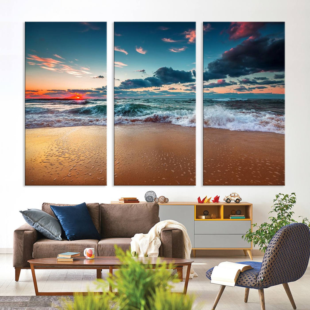 Sunset on Beach Wall Art: Waves under a vibrant sky. Crafted on museum-quality canvas, ready to hang and admire.