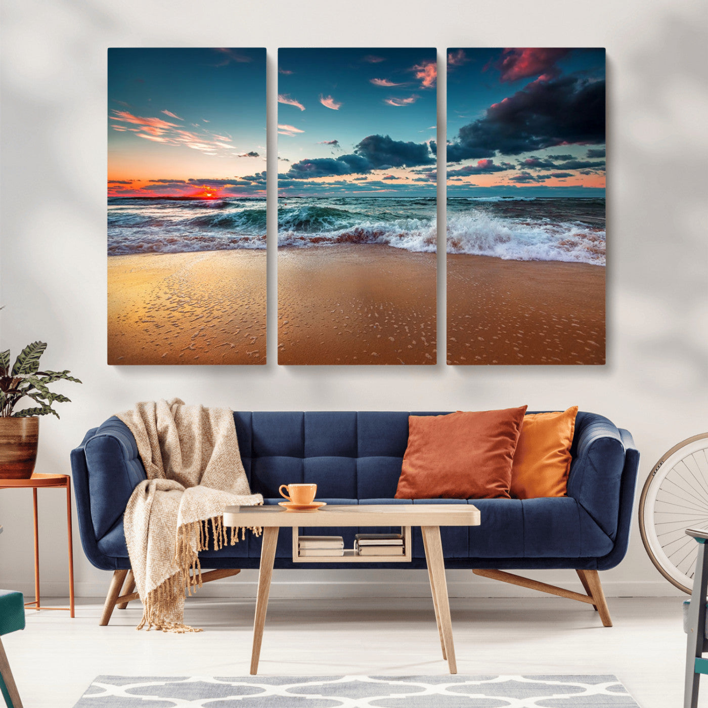 MGV-CV-48X32-3P - Sunset Ocean Beach Wall Art – Giclee Canvas Print, Coastal Seascape, Ready to Hang, Beach Decor, Large 3-Panel Set for Living Room