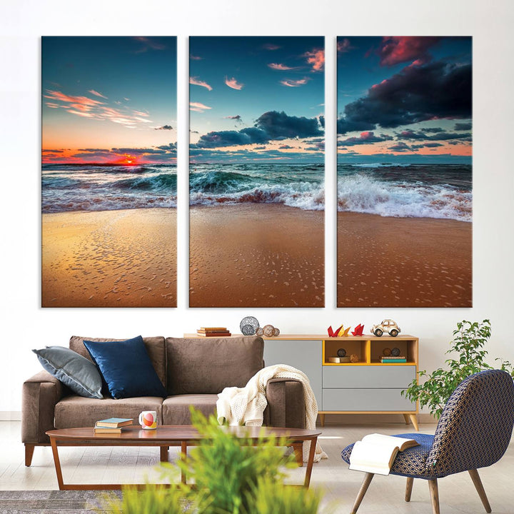 A large 3-panel sunset ocean beach canvas is displayed above the counter.