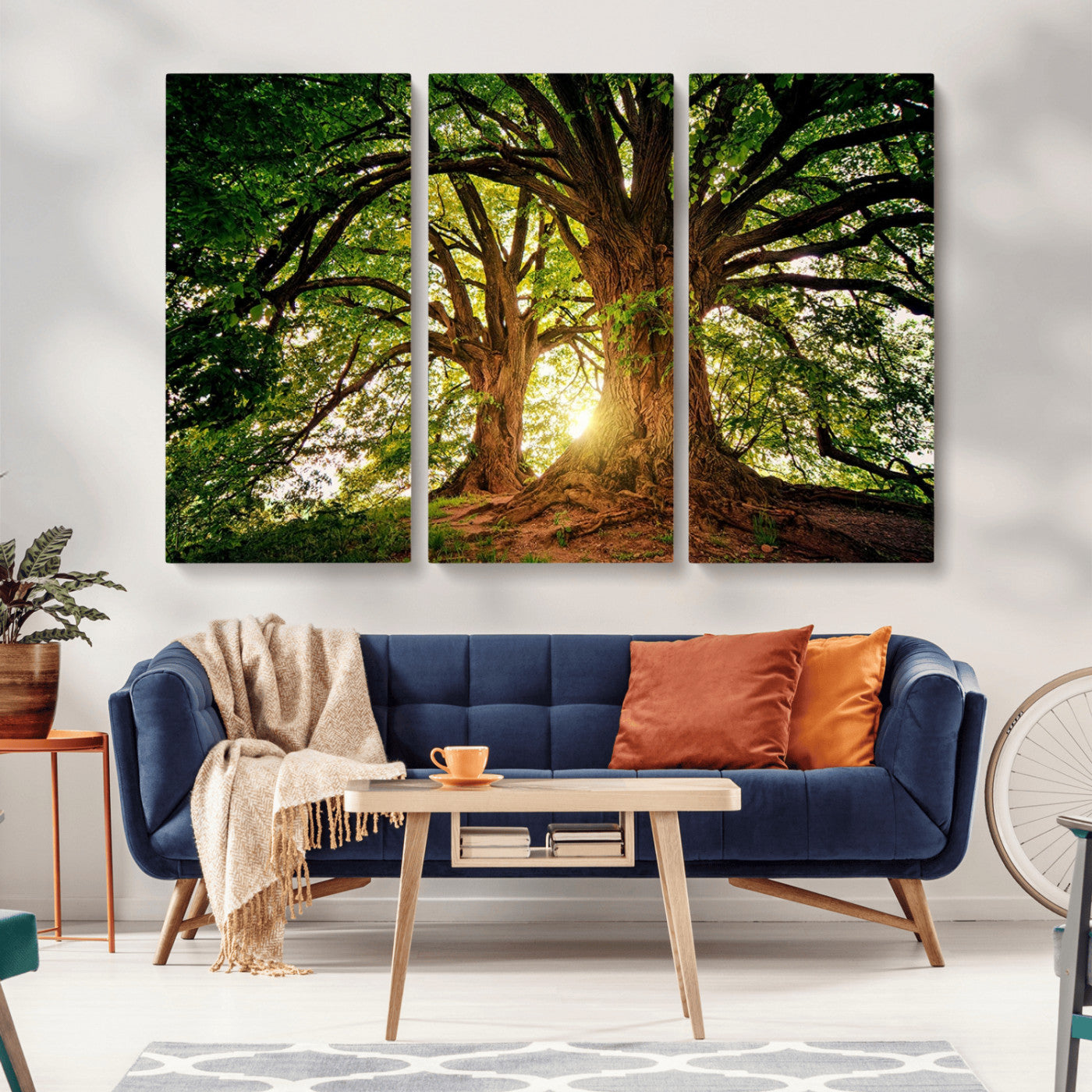 MGV-CV-48X32-3P - Majestic Ancient Tree Wall Art, Nature-Inspired Canvas Print, Woodland Art, Tree of Life Artwork, Sunlit Forest, Giclee Nature Print