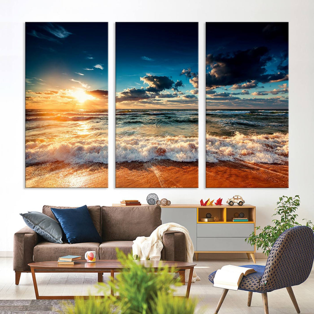 Golden Hour Sunset Over Ocean Waves Canvas: 3-Panel Coastal Landscape Art with Stunning Beach Photography Print.