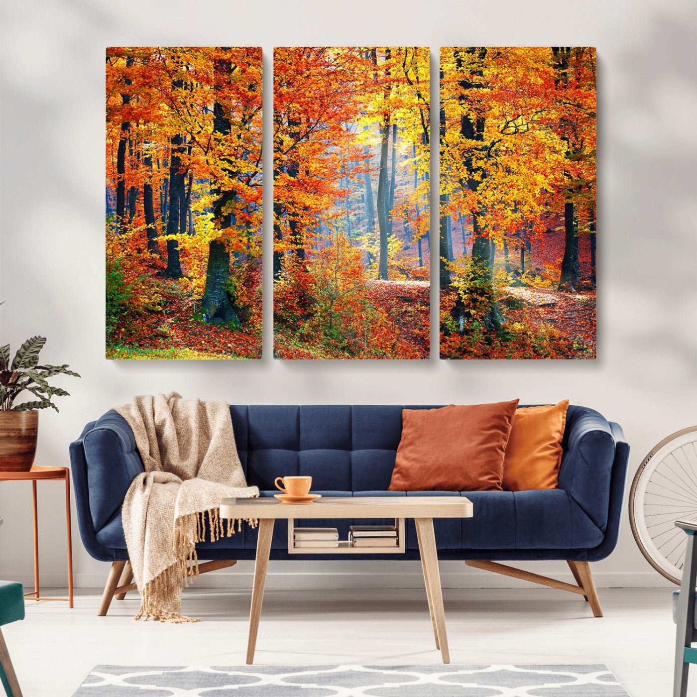 MGV-CV-48X32-3P - Autumn Red Forest Triptych Canvas Wall Art Print, Forest Wall Decor, Fall Landscape Art | Season Nature Landscape for Home or Office