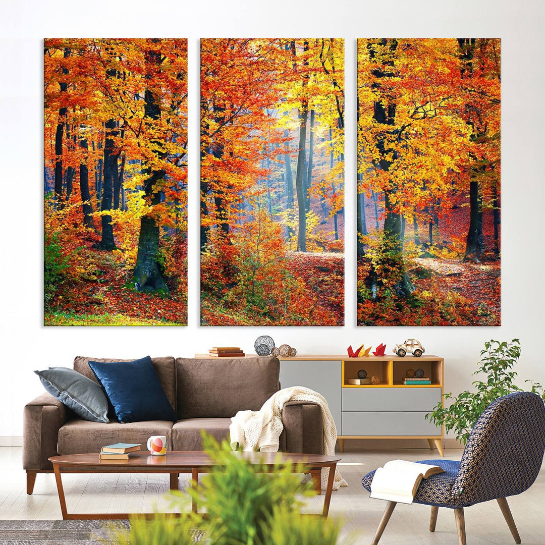 The room features an Autumn Red Forest Triptych Canvas Wall Art.