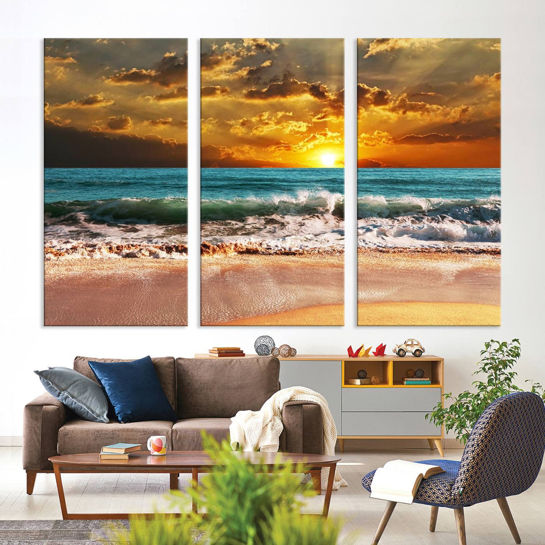 Golden Sunset Beach Canvas Triptych adorns the cozy room, creating a stunning focal point.