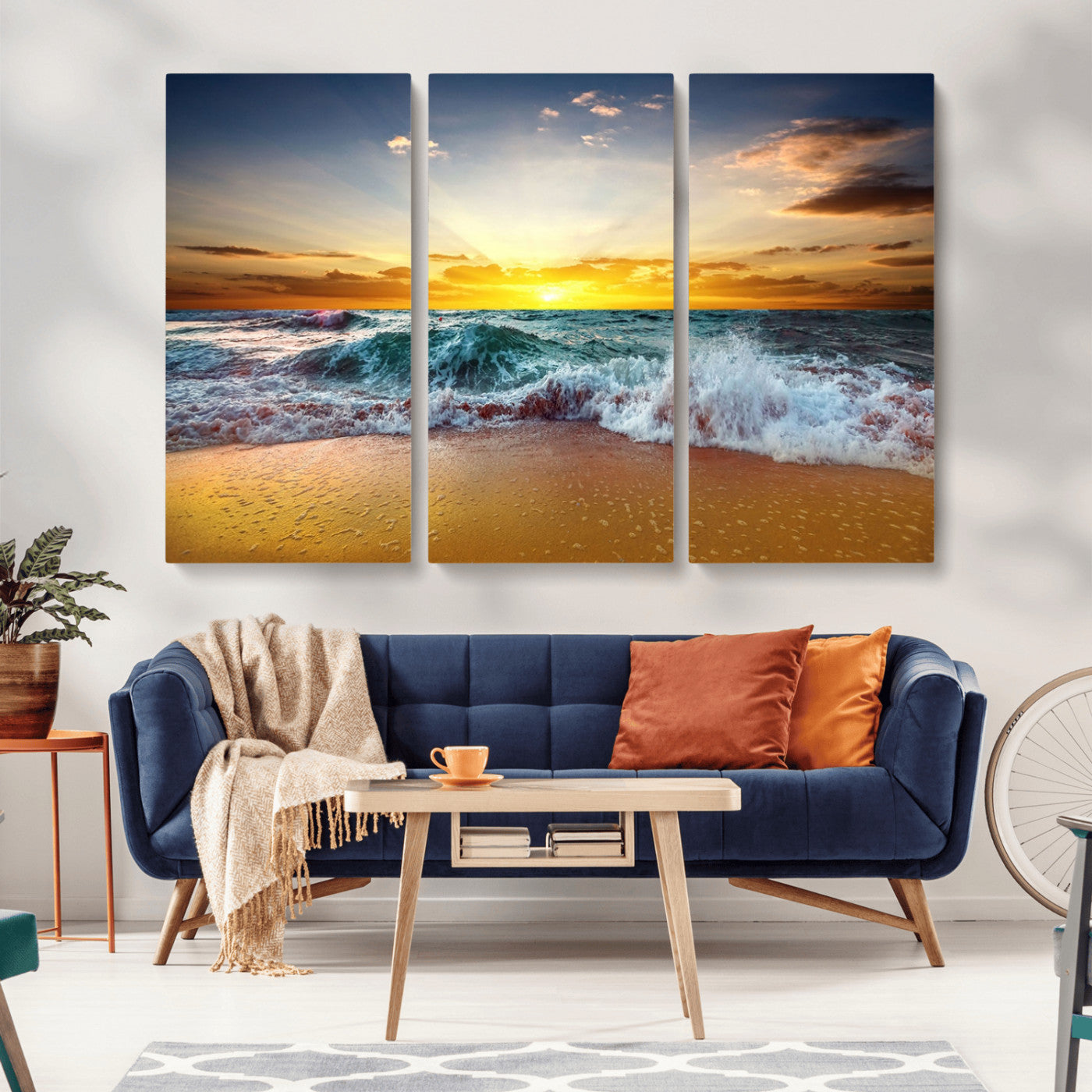 MGV-CV-48X32-3P - Golden Sunset Ocean Waves Wall Art Canvas Print – Multi Panel Beach Canvas Print Set – Large Coastal Triptych Print for Home or Farmhouse Decor