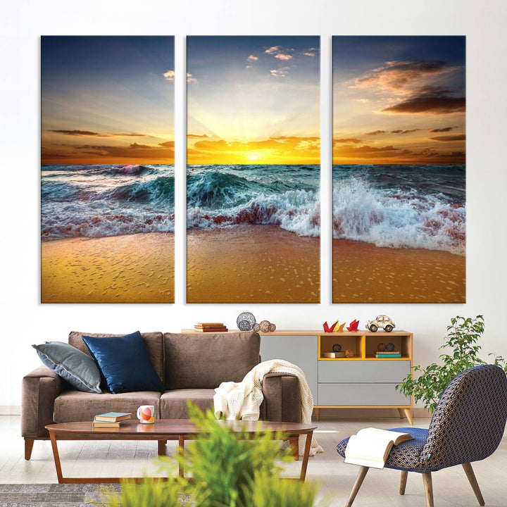 The kitchen features the Golden Sunset Ocean Waves multi-panel coastal wall art canvas.