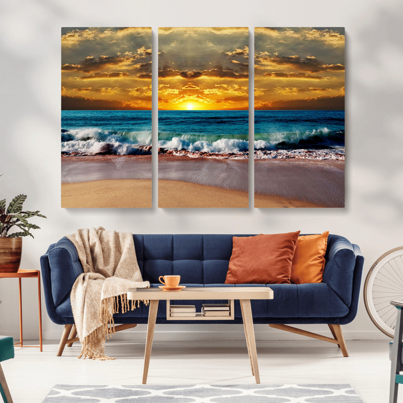 MGV-CV-48X32-3P - Ocean Sunrise Over Golden Beach Waves, Giclee Canvas Wall Art Set, High-Quality Stretched Canvas Print, Ready to Hang Coastal Sunset Wall Decor