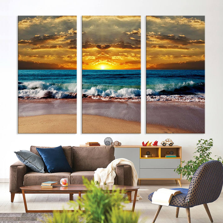 The Ocean Sunrise Over Golden Beach Waves wall art is prominently displayed, capturing the serene beauty of a beach at sunrise.