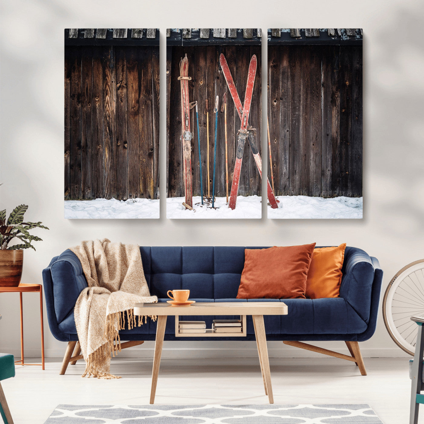 MGV-CV-48X32-3P - Vintage Ski Gear Against Wooden Cabin Wall, Rustic Winter Sports Equipment Canvas Print, Ready to Hang Wall Art, Perfect for Lodge or Ski Cabin Decor