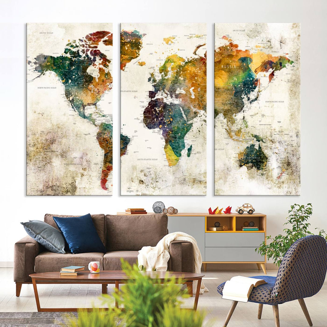 A 3-panel vintage world map canvas art is displayed.