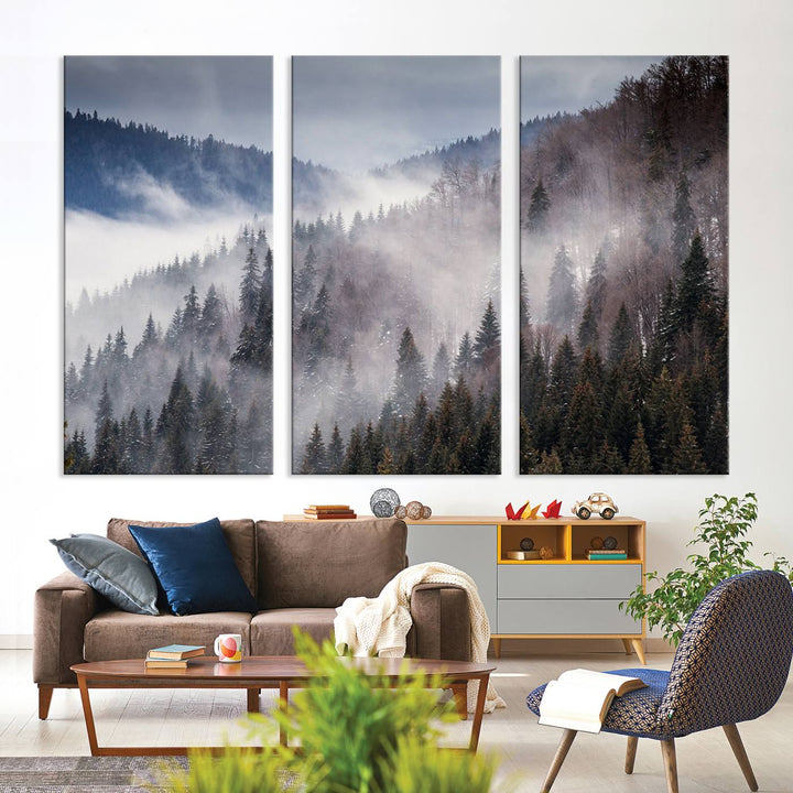 A museum-quality canvas of Beautiful Rising Fog in Winter Mountain Landscape hangs on the wall.