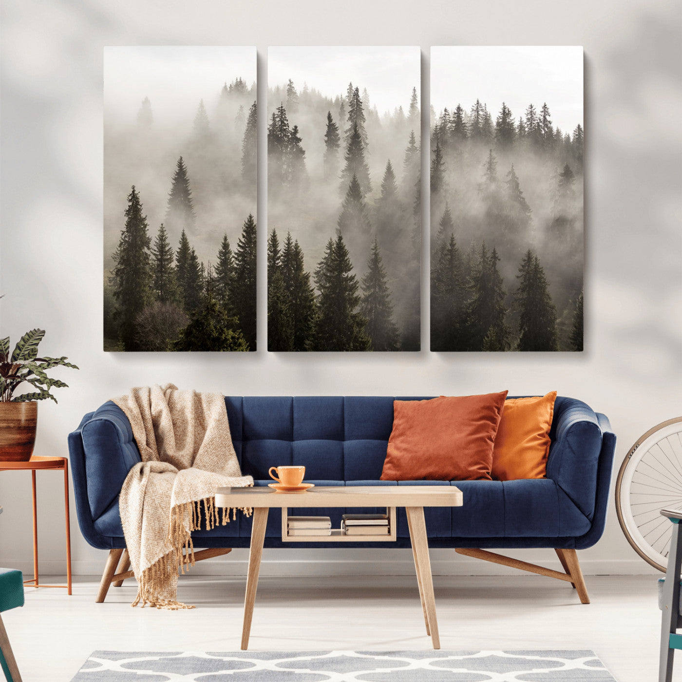 MGV-CV-48X32-3P - Foggy Mountain Wall Art | 3-Panel Foggy Forest and Mountain Landscape | Large Giclee Print for