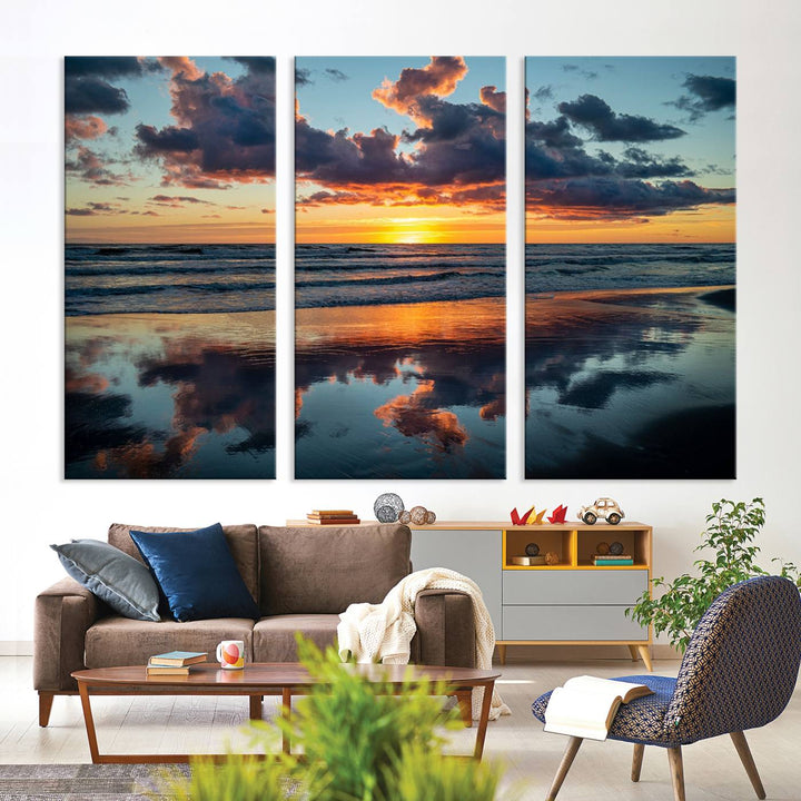 A Beach Sunset Print - Stunning Ocean Canvas Artwork adorns the wall.