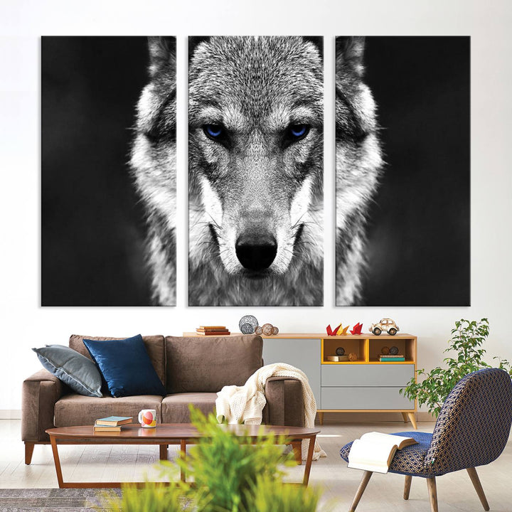 A ready-to-hang Black and White Wild Wolf Wall Art Canvas Print.