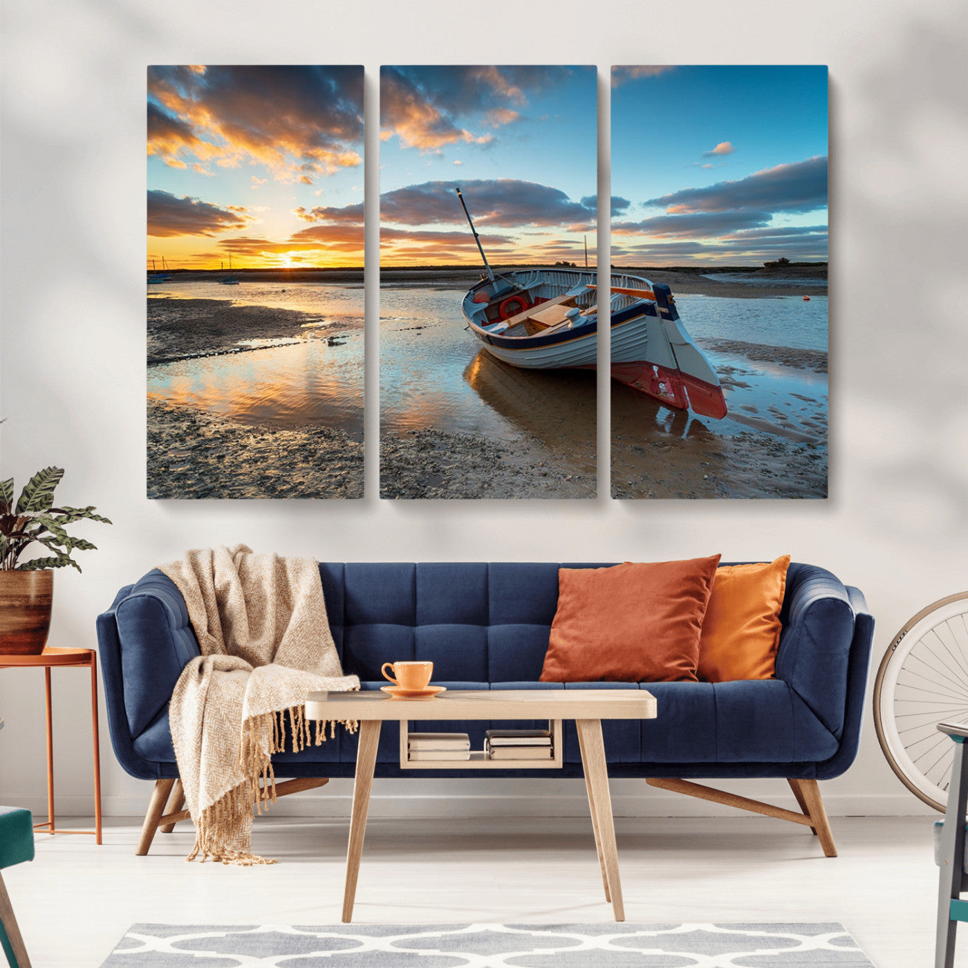 MGV-CV-48X32-3P - Small Boat At The Beach Sunset Wall Art, Boat Sunset Wall Art Canvas Print