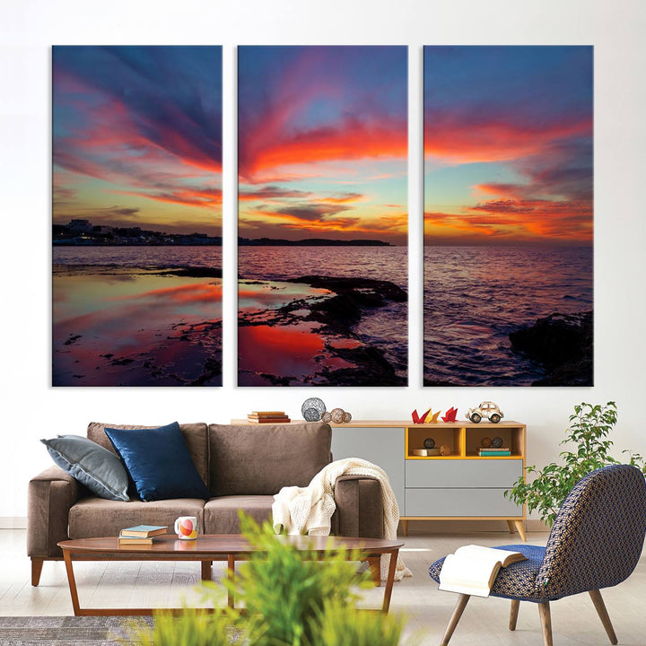 The Glorious Sunset on The Beach canvas print adorns the dining room.