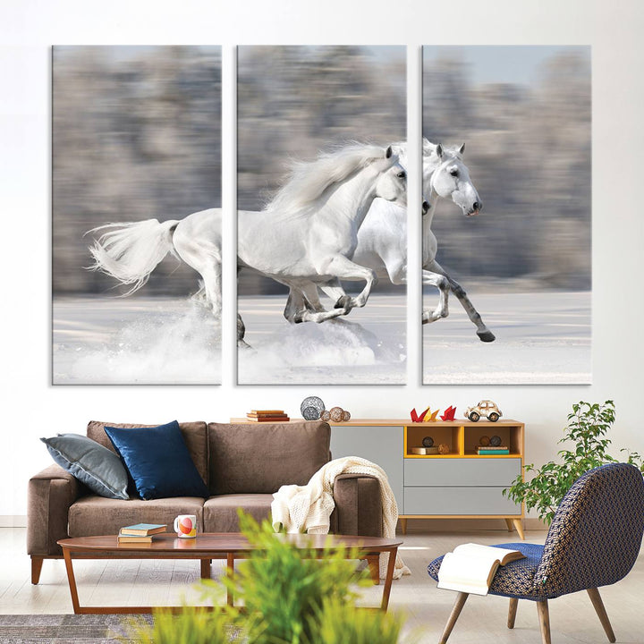 Museum-quality All The White Horses canvas print of two white horses in snow, ready to hang.