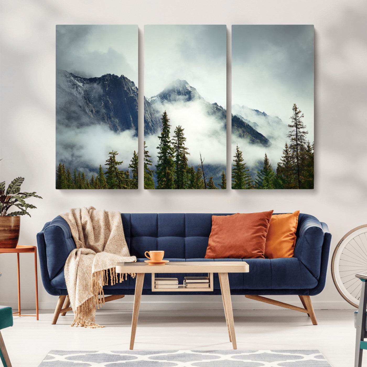 MGV-CV-48X32-3P - Mountain Mist Canvas Wall Art | 3-Panel Foggy Forest and Mountain Landscape | Large Giclee Print for Living Room, Office, or Cabin, Farmhouse Decor
