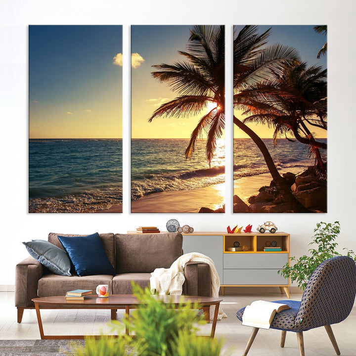 Sunset Palm Trees Wall Art Canvas Print: a serene beach scene on museum-quality canvas.