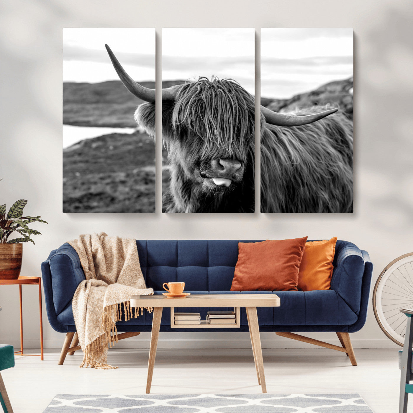 MGV-CV-48X32-3P - Highland Cow Canvas Wall Art – Black and White Animal Portrait – Framed and Ready to Hang Rustic Farmhouse Decor for Living Room or Office