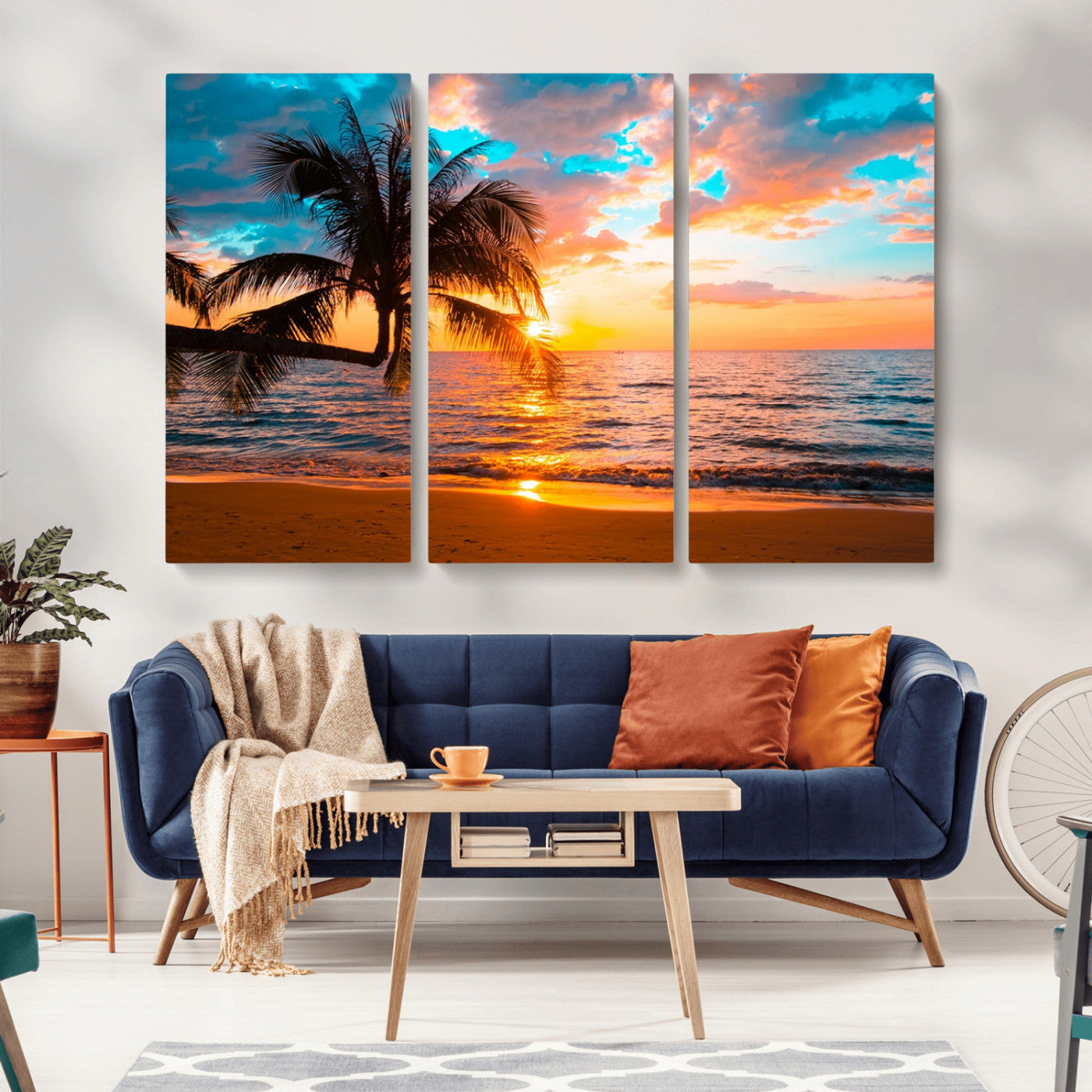 -Palm Tree Sunset On The Beach Wall Art Canvas, Framed Palm Tree Sunset Canvas Print