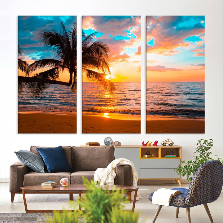 The Palm Tree Sunset On The Beach ready-to-hang canvas wall art—museum quality—brings a serene atmosphere to the room.