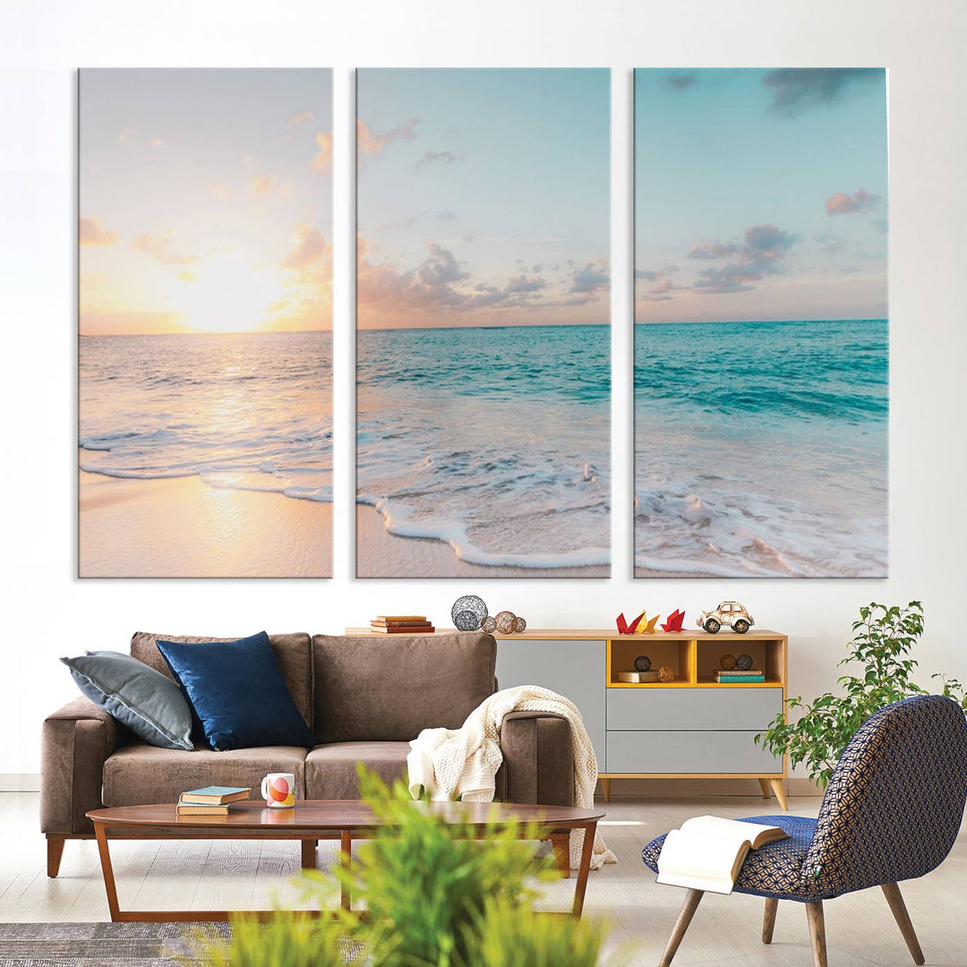 The room features a 3-panel Tranquil Ocean Beach Sunset Canvas Wall Art.