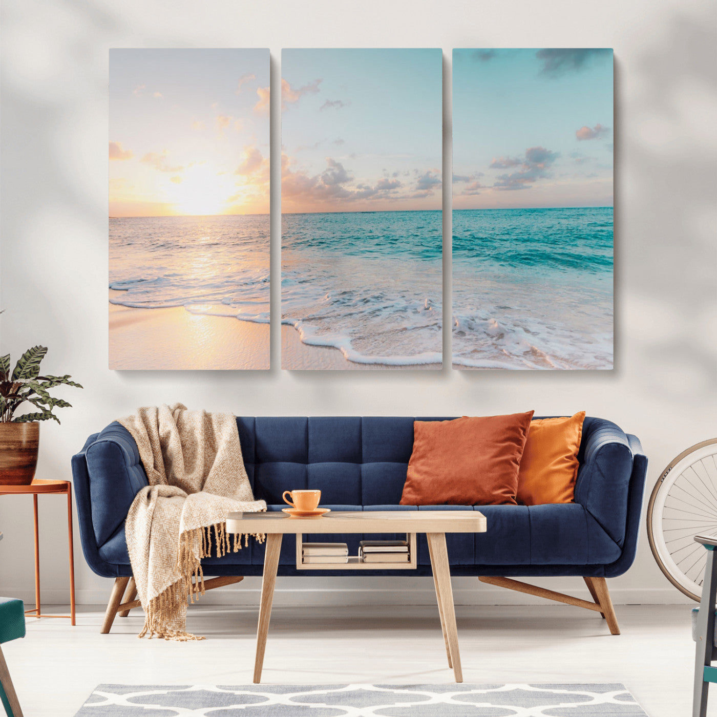 MGV-CV-48X32-3P - Tranquil Ocean Beach Sunset Canvas Wall Art | 3-Panel Coastal Decor