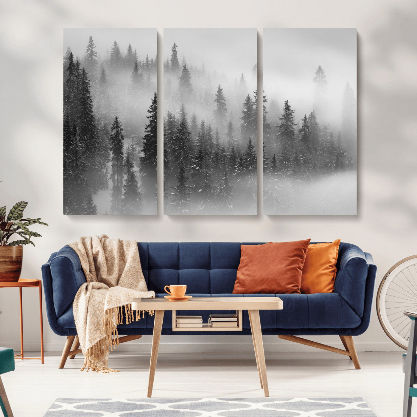 MGV-CV-48X32-3P - Black and White Forest Wall Art Print – Misty Pine Tree Canvas Print – Winter Woodland Nature Artwork – Perfect for Minimalist Home Decor