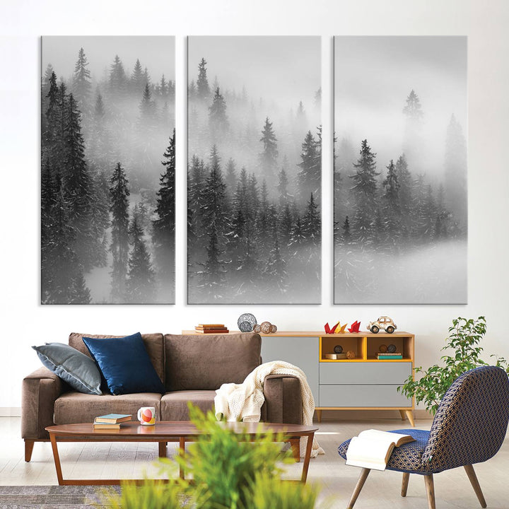 A stunning Foggy Misty Forest Canvas Wall Art adorns the kitchen wall.