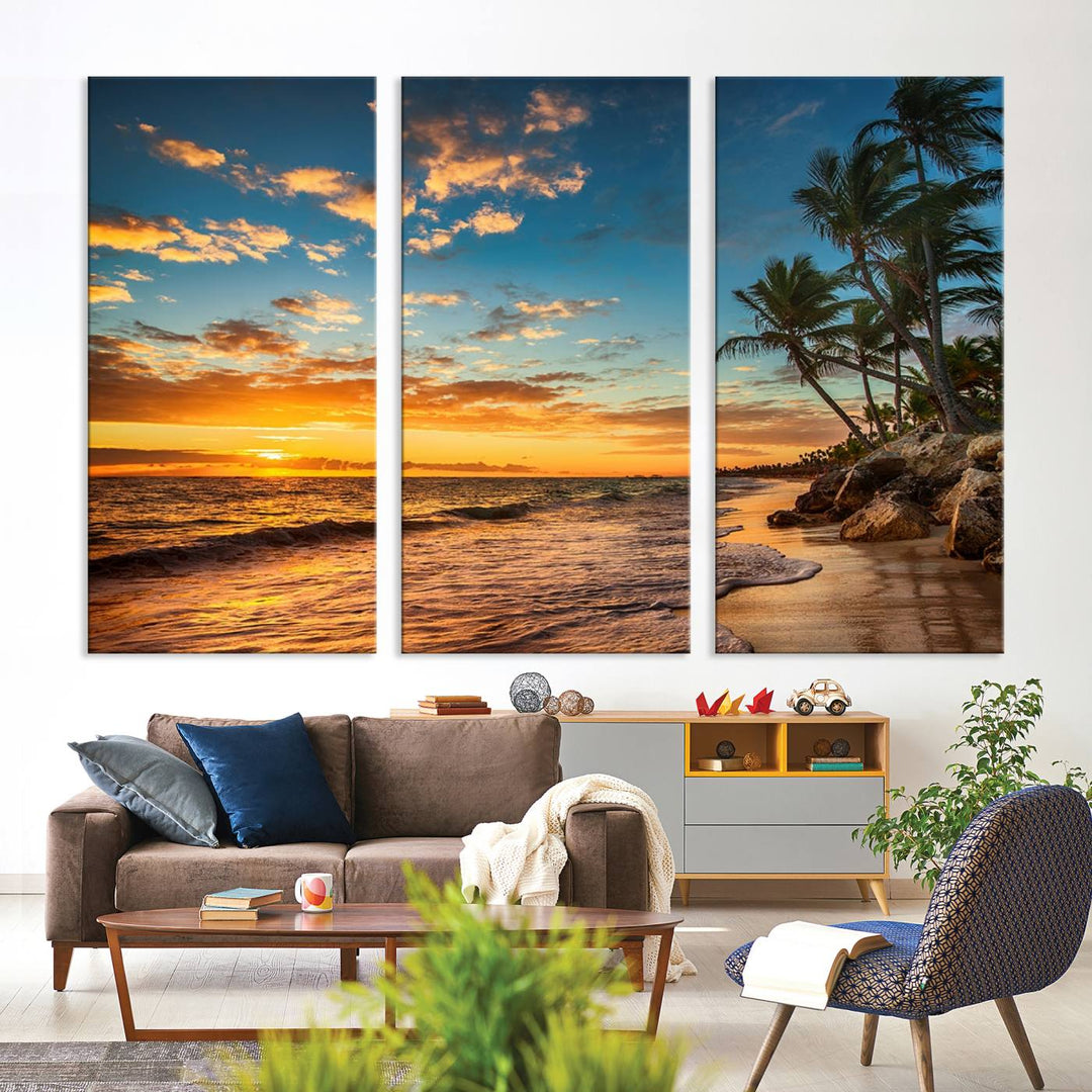 A stunning beach sunset on a museum-quality Sunset Wall Art Canvas Print adorns the kitchen wall.