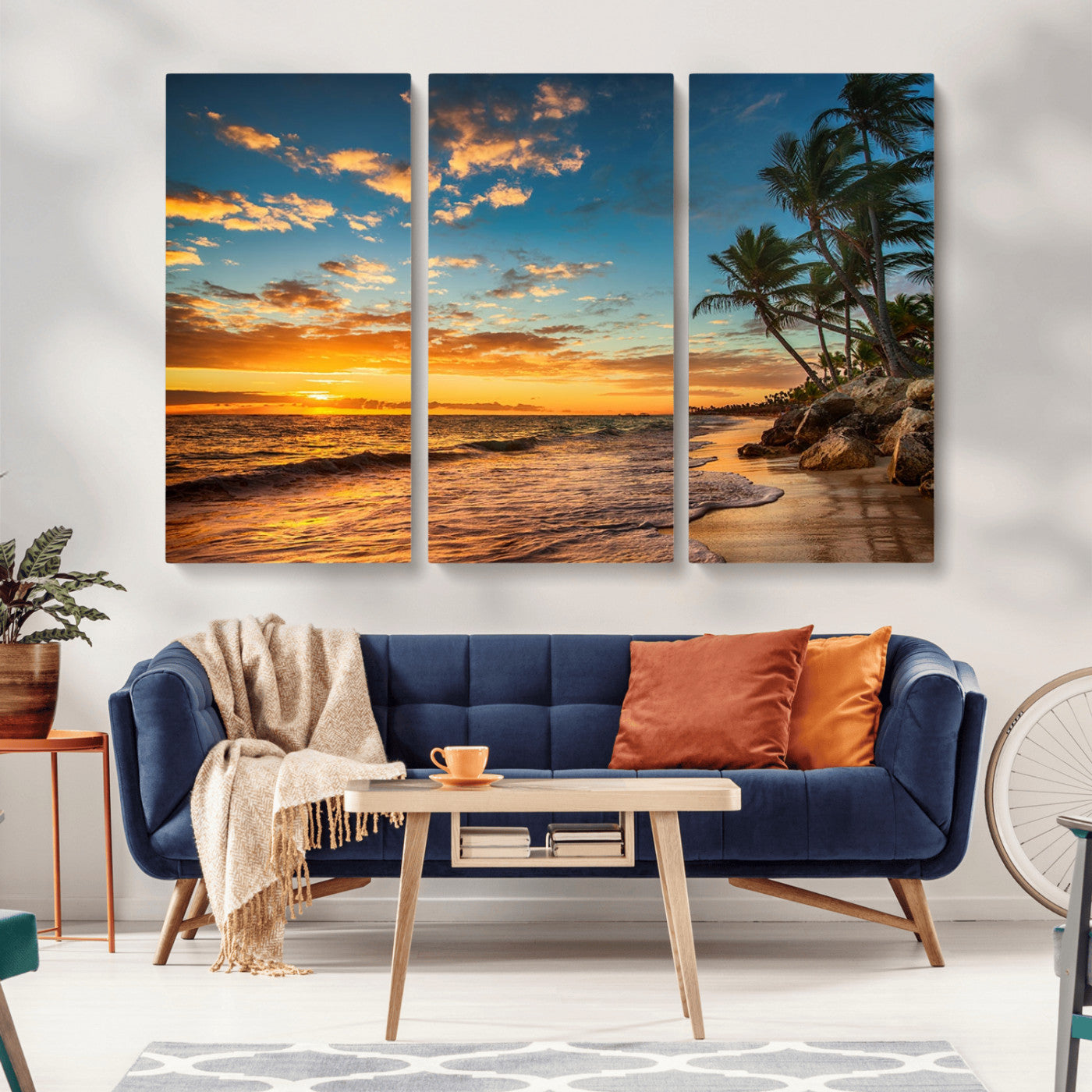 MGV-CV-48X32-3P - Tropical Beach Sunset Wall Art Print – Palm Tree Coastal Canvas Print – Ocean Seascape Artwork – Perfect for Tropical Modern Home Decor