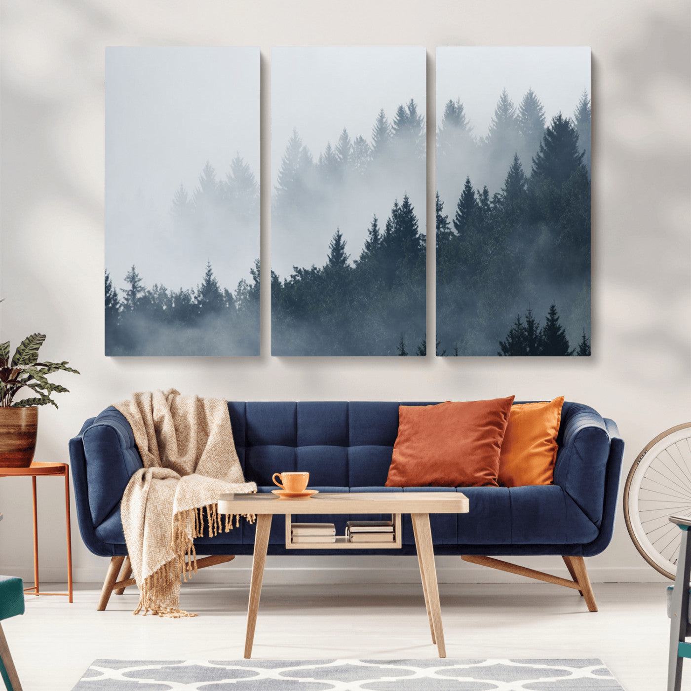 MGV-CV-48X32-3P - Misty Forest Wall Art Print – Foggy Pine Tree Canvas Print – Dark Woodland Nature Artwork – Perfect for Minimalist and Modern Home Decor