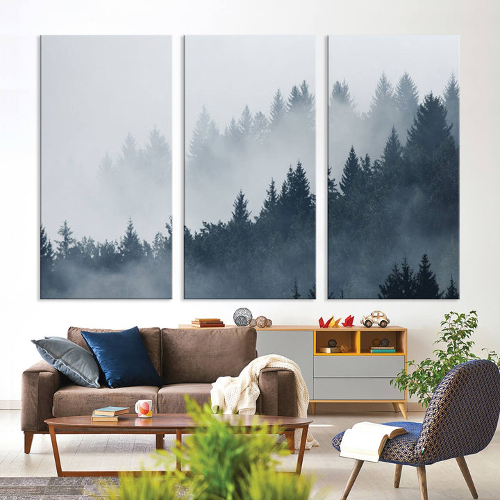 A large Foggy Pine Forest Wall Art Canvas Print.