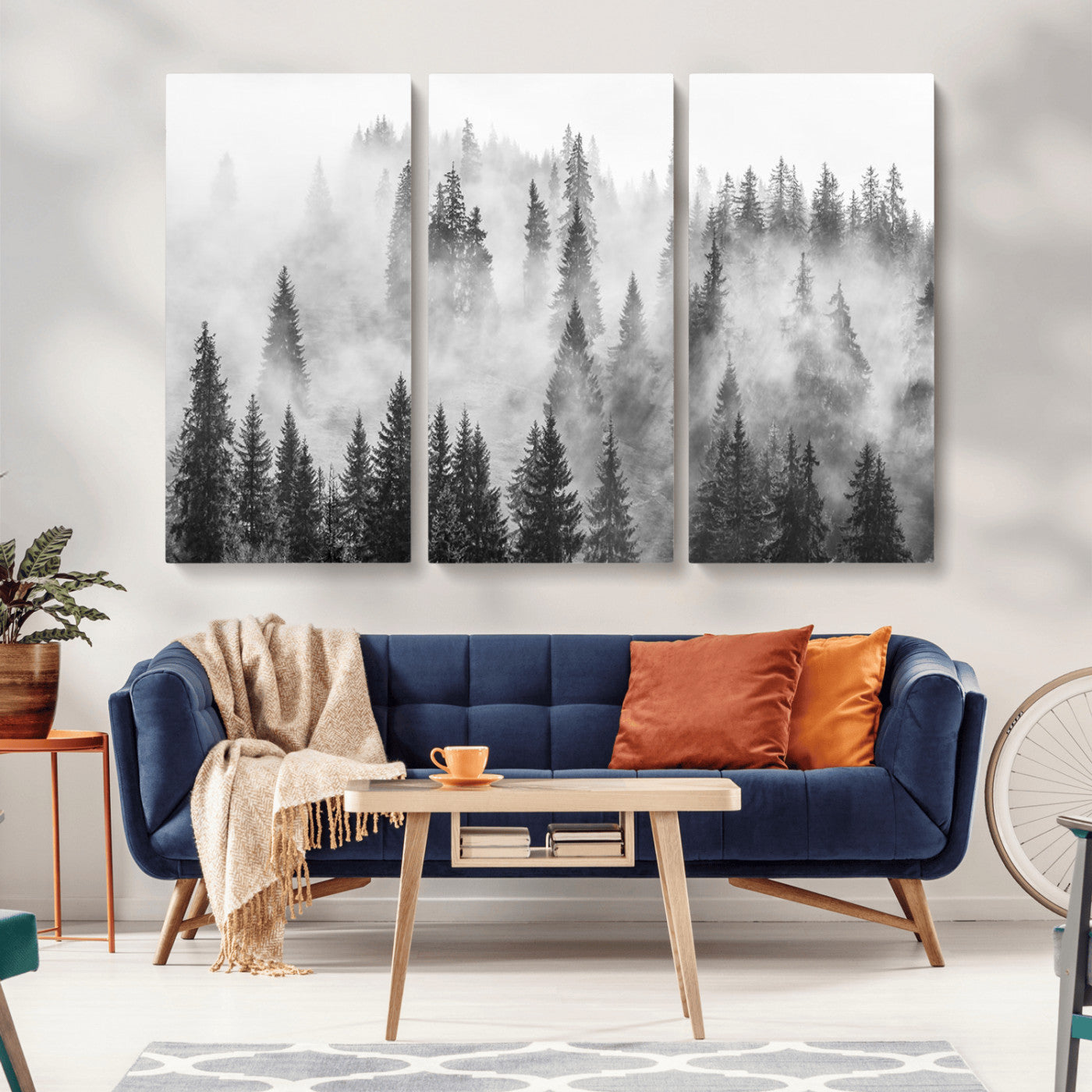 MGV-CV-48X32-3P - Forest Wall Art Print | Foggy Pine Forest Canvas Wall Art - Black and White Nature-Inspired Decor for Living Room, Modern Forest Landscape Print, Ready to Hang