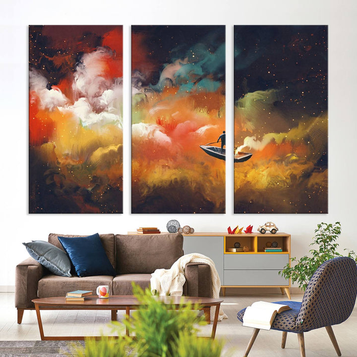 Surreal Space Adventure Canvas Wall Art features a person in a boat.