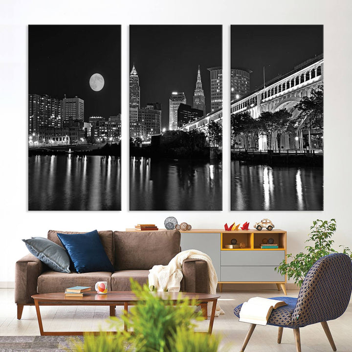 Cleveland Night Skyline Canvas Print: A museum-quality piece, ready to hang, featuring a stunning full moon and its reflections below.